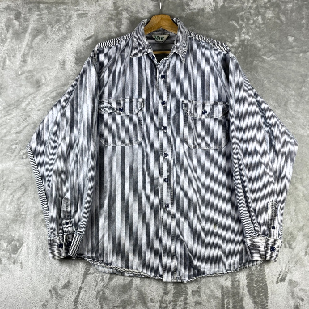 Vintage 70s Key Work Shirt Men 2XL Blue Hickory Stripe Long Sleeve Conductor USA